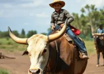 menino de 3 anos montado em boi de 600 kg