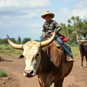 menino de 3 anos montado em boi de 600 kg